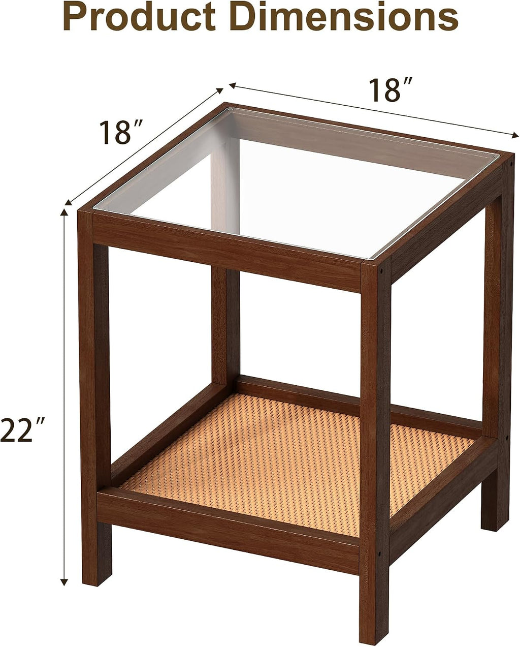 wanan Solid Wood End Tables Set of 2, Boho Rattan Nightstand with Glass Top & 2-Tier Storage Shelves, Mid-Century Modern Accent Table for Small Spaces, 18"x18"x22"