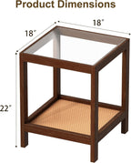 wanan Solid Wood End Tables Set of 2, Boho Rattan Nightstand with Glass Top & 2-Tier Storage Shelves, Mid-Century Modern Accent Table for Small Spaces, 18"x18"x22"