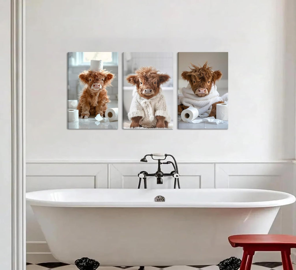 3Pcs Funny Highland Cow Bathroom Canvas Wall Art Brown Cute Animal Picture Wall Decor Cow Baby Rustic Farmhouse Poster Print Artwork for Children's Room Nursery Bathroom Restroom Home Decoration