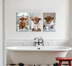 3Pcs Funny Highland Cow Bathroom Canvas Wall Art Brown Cute Animal Picture Wall Decor Cow Baby Rustic Farmhouse Poster Print Artwork for Children's Room Nursery Bathroom Restroom Home Decoration