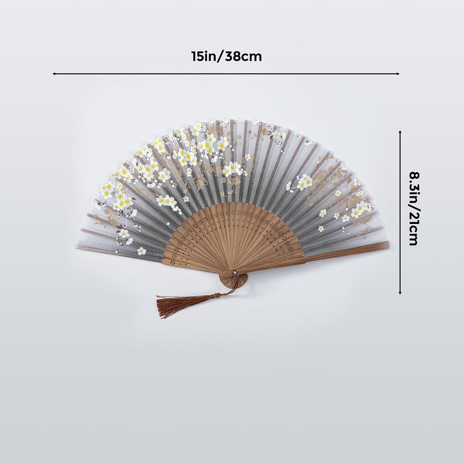 Gray Folding Hand Fan, Handmade Bamboo Silk Handheld Fan with Tassel, Portable Cooling Fan for Dance Party Decoration