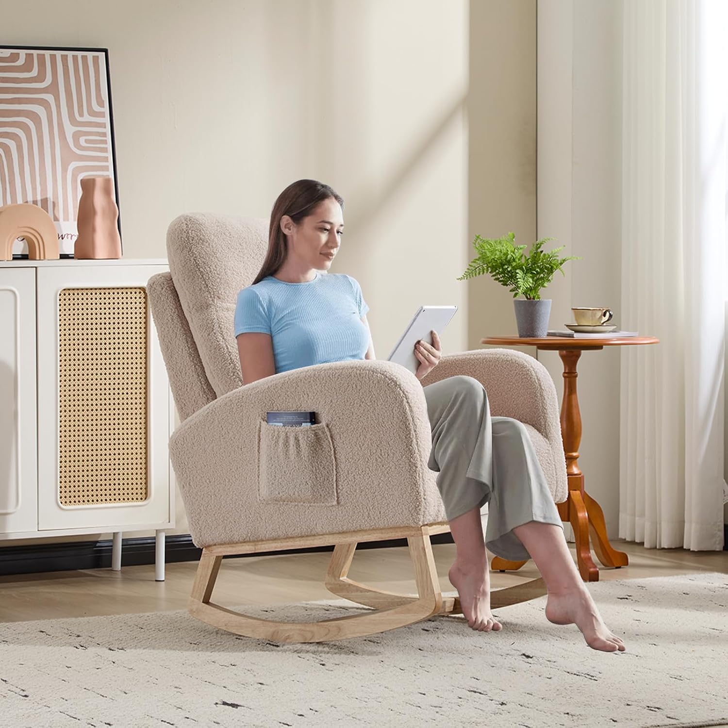 Modern Accent Rocking Chair with Solid Wood Legs, 19 Inch Wide Upholstered Nursery Glider Rocker, Comfy Armchair with Side Pocket, Living Room Lounge Arm Chair with High Backrest (Beige No Footrest)