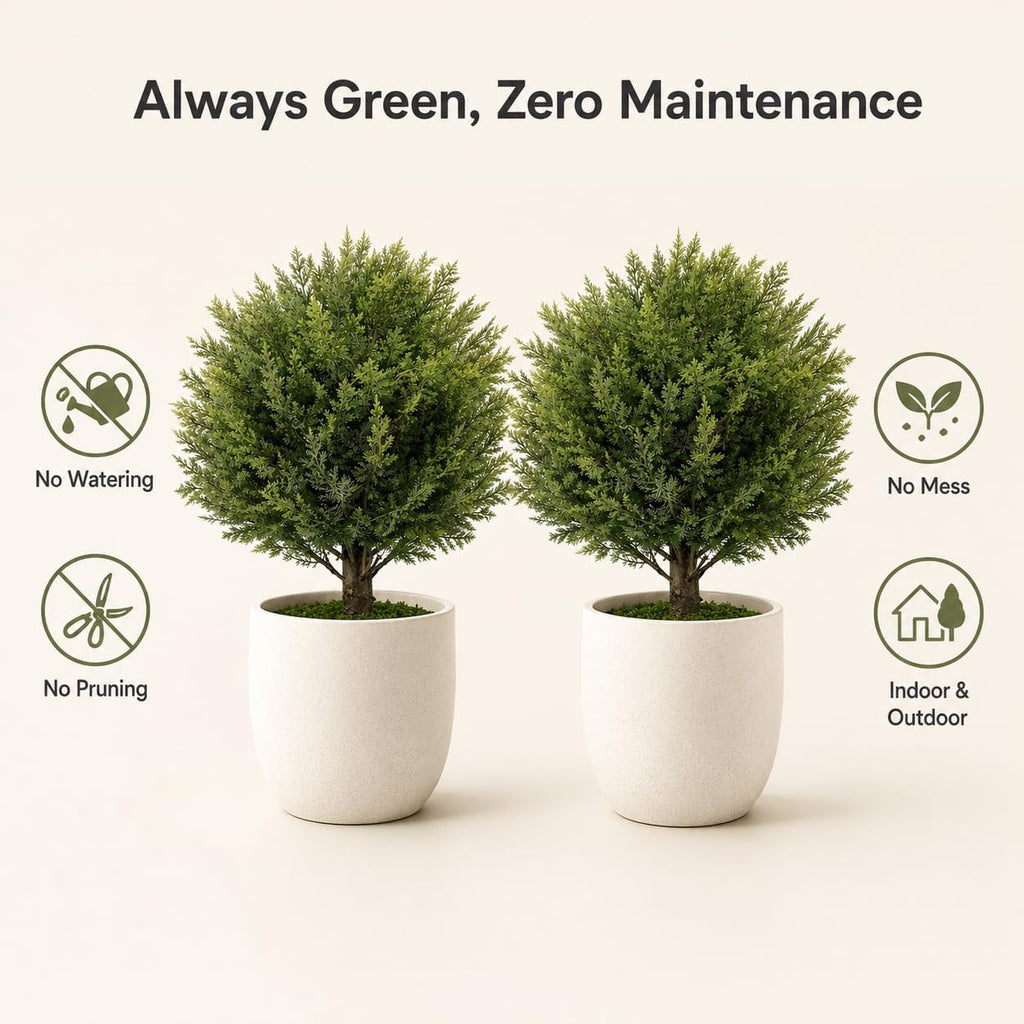 Artificial Outdoor Plants Topiary Cedar Trees 2 Pack Faux Trees Potted Bushes Shrubs UV Resistant - Realistic Artificial Plants Outdoor Dense Greenery Ball Tree for Front Porch Patio Garden