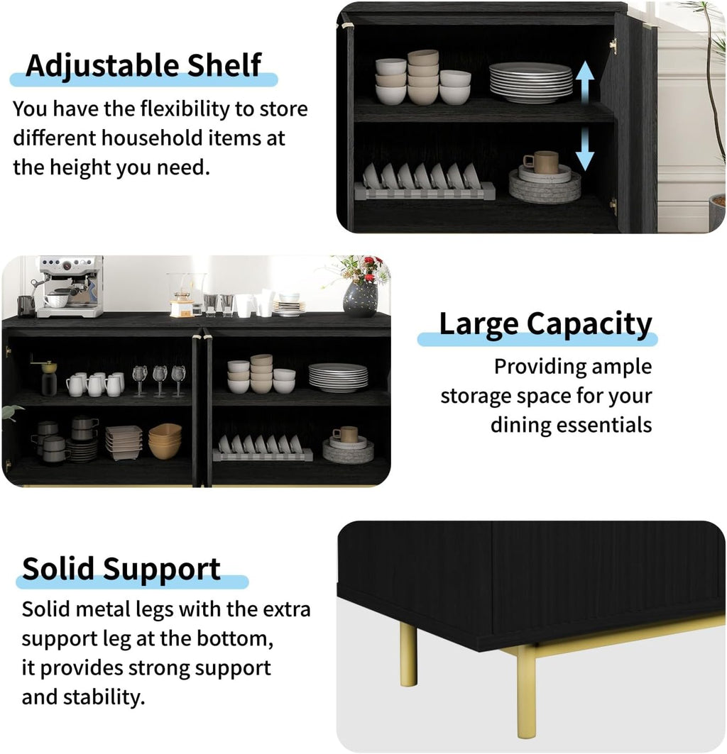 MUUEGM Buffet Cabinet with Storage, 58" Fluted Sideboard Kitchen Storage Cabinets with Shelves and 4 Doors, Modern Wood buffets & Sideboards for Dinging Room, Living Room, Black Storage Cabinet