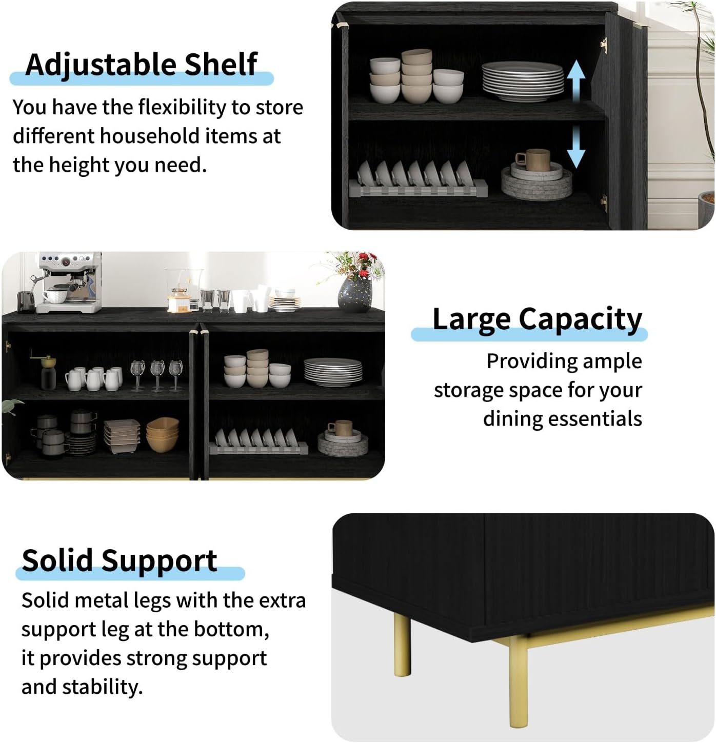 MUUEGM Buffet Cabinet with Storage, 58" Fluted Sideboard Kitchen Storage Cabinets with Shelves and 4 Doors, Modern Wood buffets & Sideboards for Dinging Room, Living Room, Black Storage Cabinet