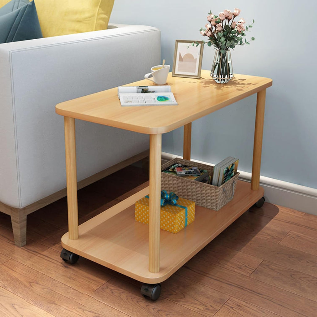 Rolling End Table with Wheels - 2-Tier Wood Side Small Printer Stand with 360° Swivel Casters, Mobile Nightstand & Sofa Table for Living Room, Bedroom, Office