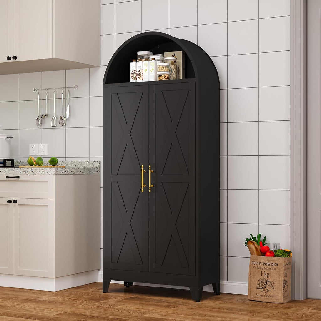 Metal Arched Cabinet, 73" Tall Kitchen Pantry Cabinet with 2 Doors & 4 Adjustable Shelves, Kitchen Storage Cabinets Cupboard for Bathroom, Living Room, Dinging Room (Black)