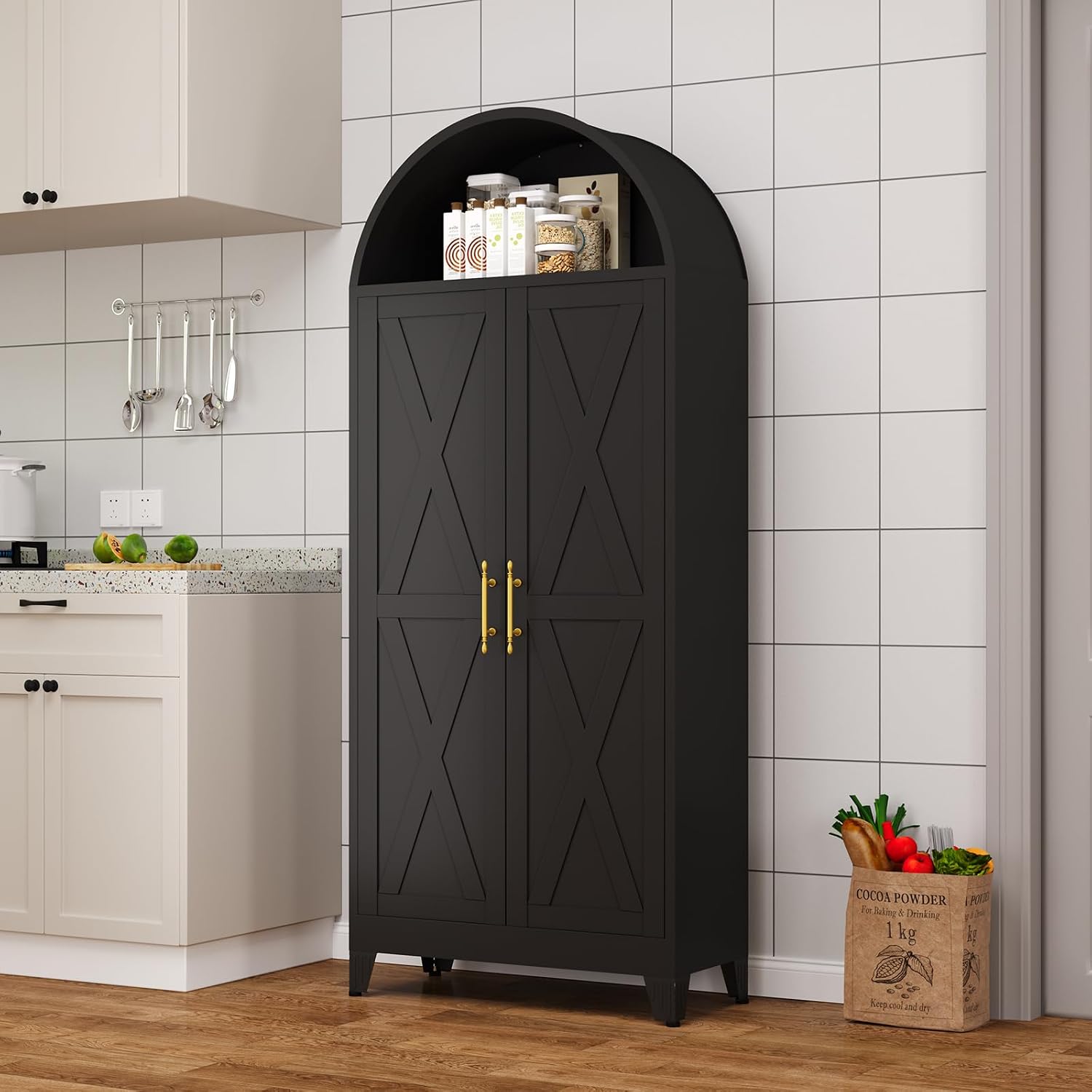 Metal Arched Cabinet, 73" Tall Kitchen Pantry Cabinet with 2 Doors & 4 Adjustable Shelves, Kitchen Storage Cabinets Cupboard for Bathroom, Living Room, Dinging Room (Black)