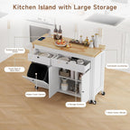 Kitchen Islands with Storage, Kitchen Island on Wheels with Extendable Dining Table and Power Outlet, Rolling Island Cart with Trash Cabinet, Spice Rack & Towel Rack, White