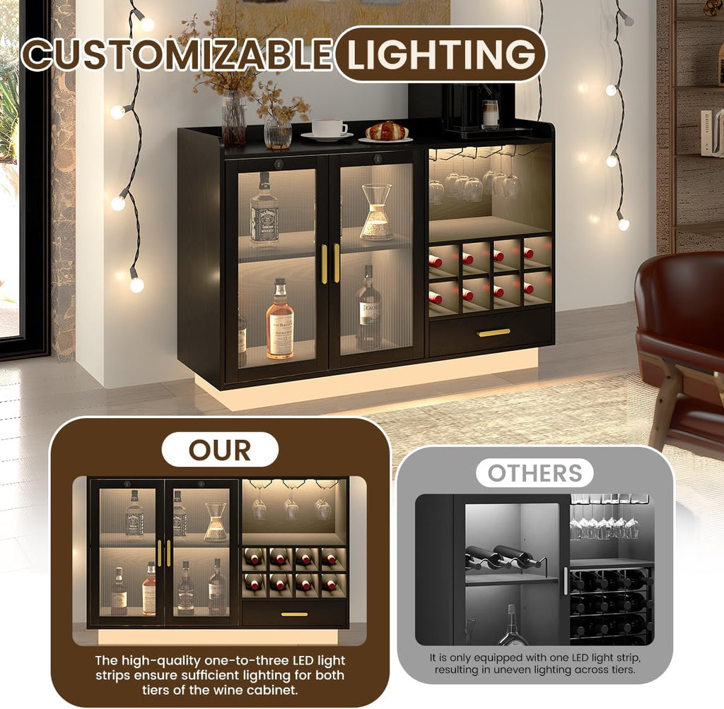 COCO DESIGN Modern Wine Bar Cabinet with LED Light & Locked Fluted Door, Black Floating Coffee Bar with Power Outlets & Glass Rack, Buffet Sideboard with Removable Wine Rack and Drawer for Living Room