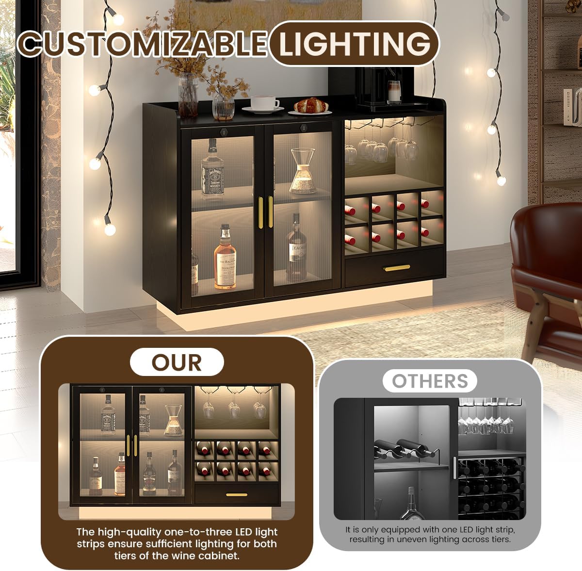 COCO DESIGN Modern Wine Bar Cabinet with LED Light & Locked Fluted Door, Black Floating Coffee Bar with Power Outlets & Glass Rack, Buffet Sideboard with Removable Wine Rack and Drawer for Living Room