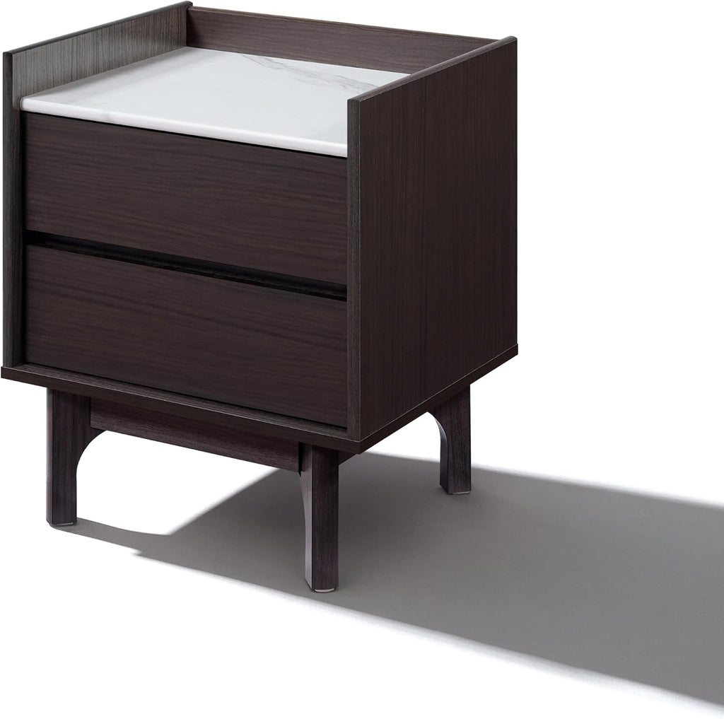 LuxenHome Modern 2 Drawers Nightstand with Faux Marble Top, 23'' Wood Accent Side Tables with Storage, Tray-Edge Design Bedside Table for Bedroom Living Room Sofa Office, End Table for Small Spaces