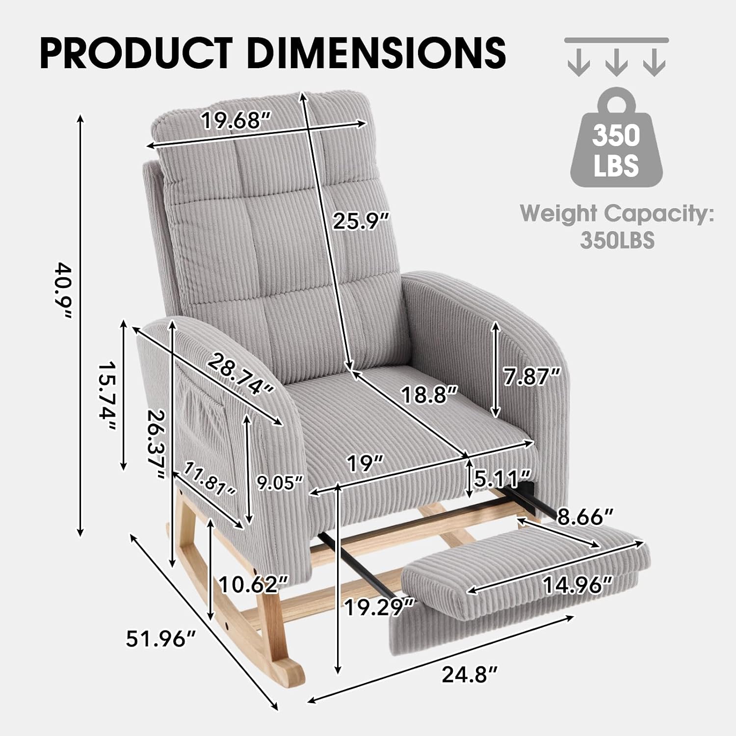 Nursing Rocking Chair, Nursery Glider with Footrest (Grey Retro) | Corduroy Upholstered Accent Rocking Armchair with High Back & Side Pockets for Living Room Bedroom Office Nursery