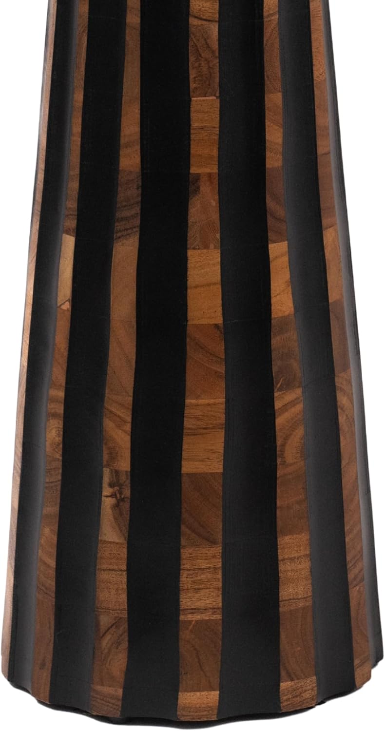 Modern Black & Walnut Wood Accent Table – Handcrafted Drum Pedestal Side Table for Living Room, Bedroom, or Office – Sleek Round Top with Textured Carved Base Black