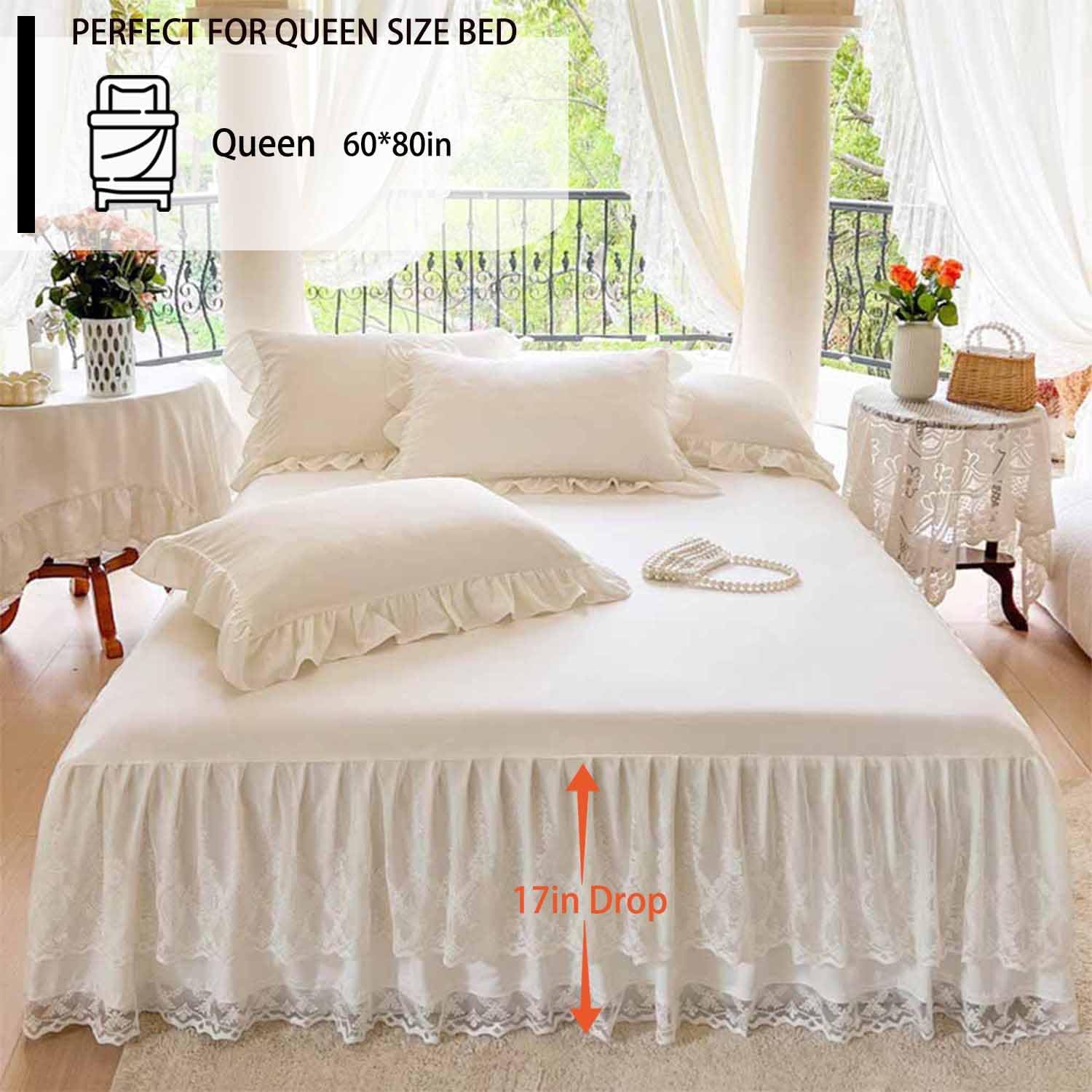 Queen Size Lace Ruffled Bed Skirt, 17 Inch Drop Easy Fit Bedskirt Bed Sheet for Hidden Box Spring & Under Bed Storage