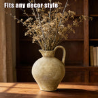Ceramic Rustic Farmhouse Vase with Handle, 8.8 Inch Beige Vintage Vase, Rustic Ceramic Pottery for Home Decor, Farmhouse Decor Centerpiece for Kitchen, Living Room, Entryway