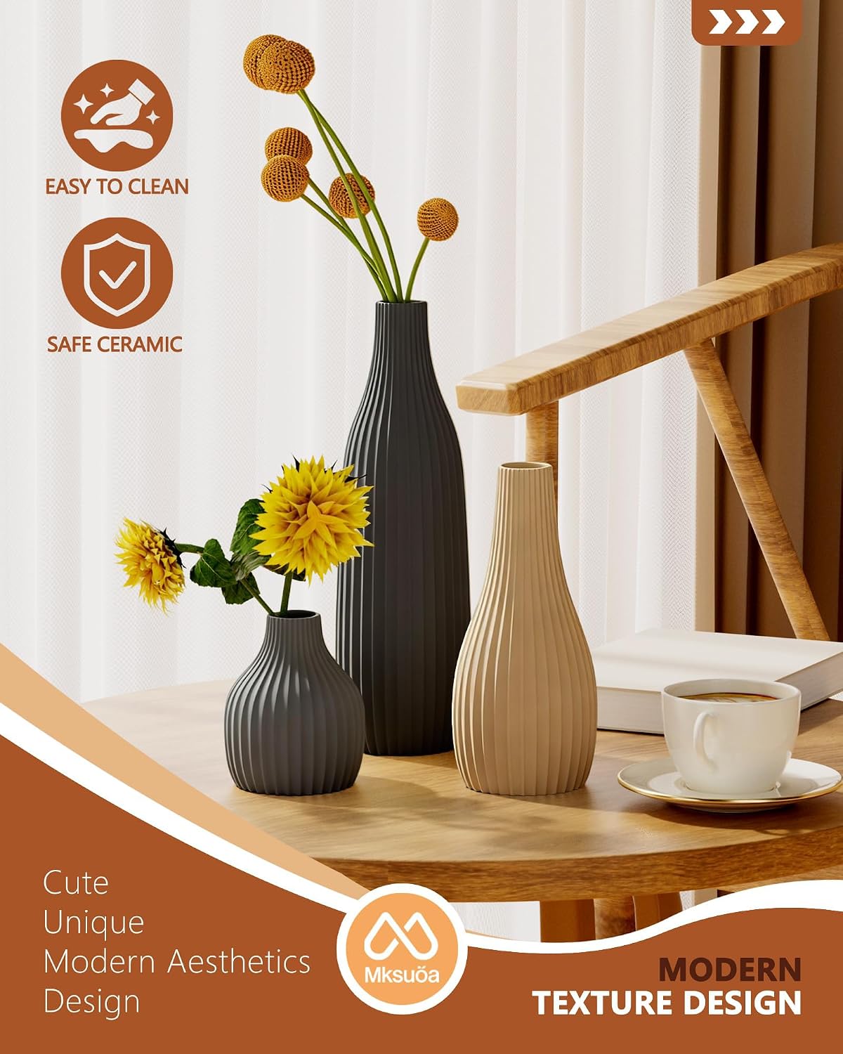 Decorative Flower Vase Set of 3 - Modern Boho Style Multicolor Vases, Ribbed Textures Ceramic Vase for Home Decor Shelf Bookshelf Mantle TV Stand Entryway Console, Dining Table Centerpiece Decor