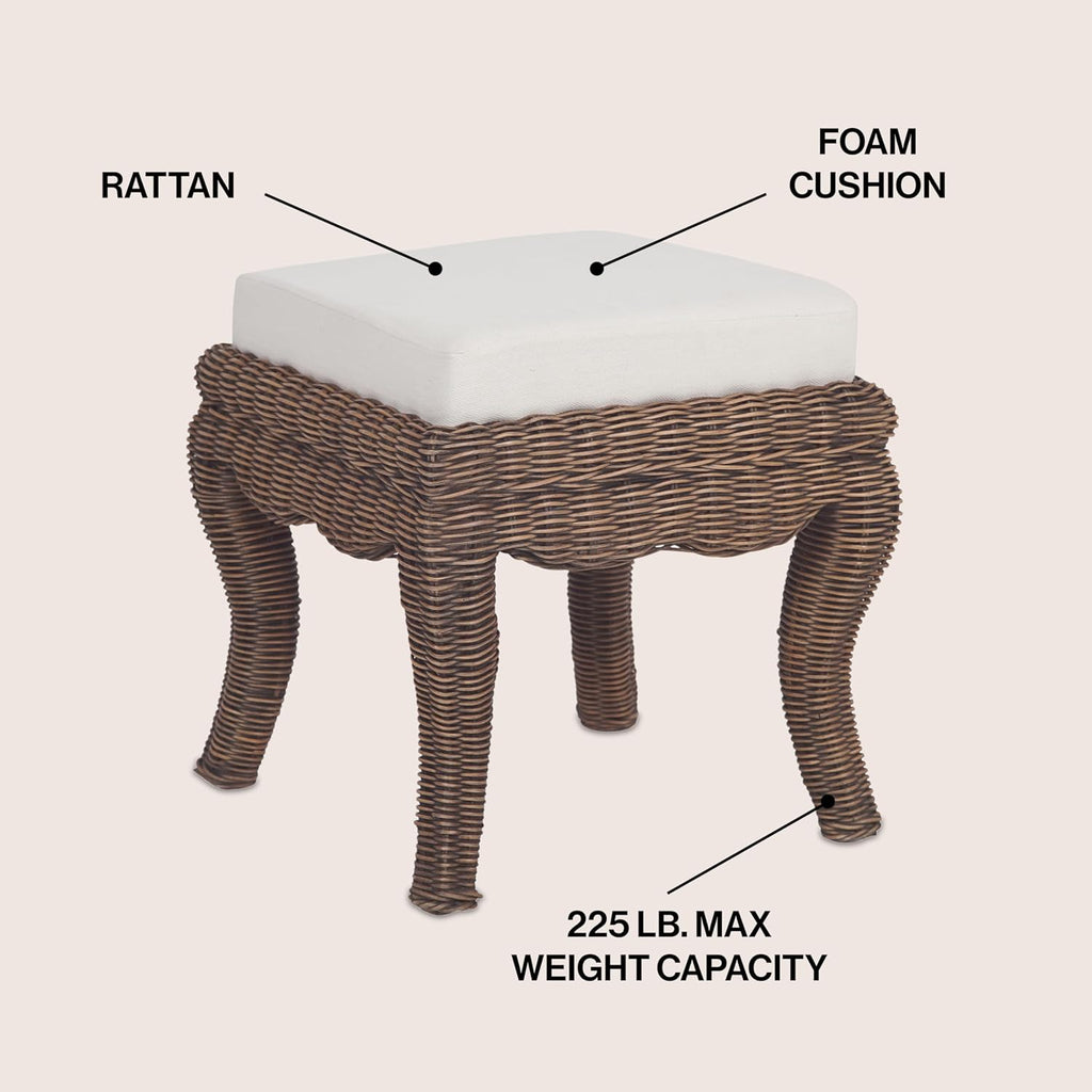 JONATHAN Y Rowan 19.7" Coastal Woven Rattan Vanity Stool, Black Wash | Bohemian Art Deco Accent, White Padded Upholstered Seat, Solid Mango Wood Base, Supports Up To 225 Pounds