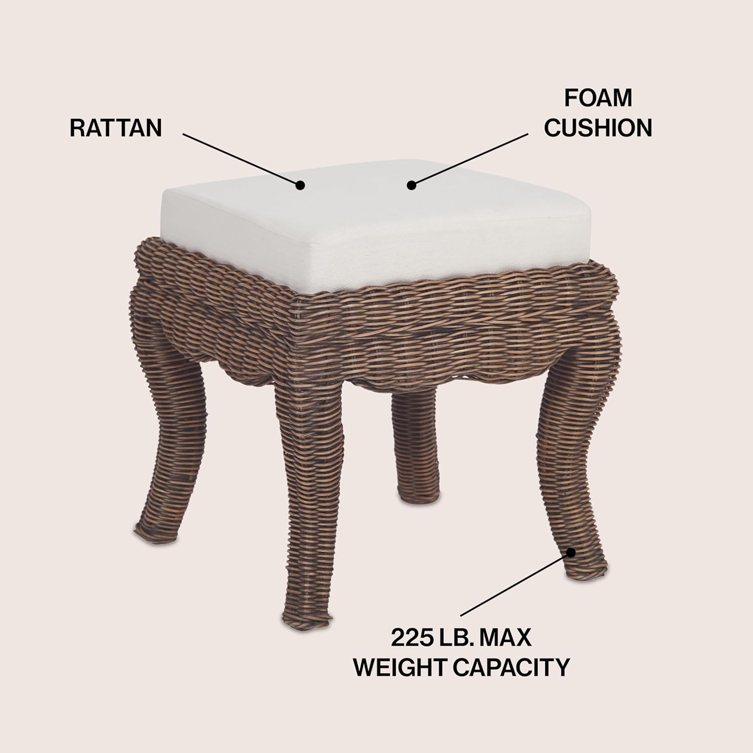 JONATHAN Y Rowan 19.7" Coastal Woven Rattan Vanity Stool, Black Wash | Bohemian Art Deco Accent, White Padded Upholstered Seat, Solid Mango Wood Base, Supports Up To 225 Pounds