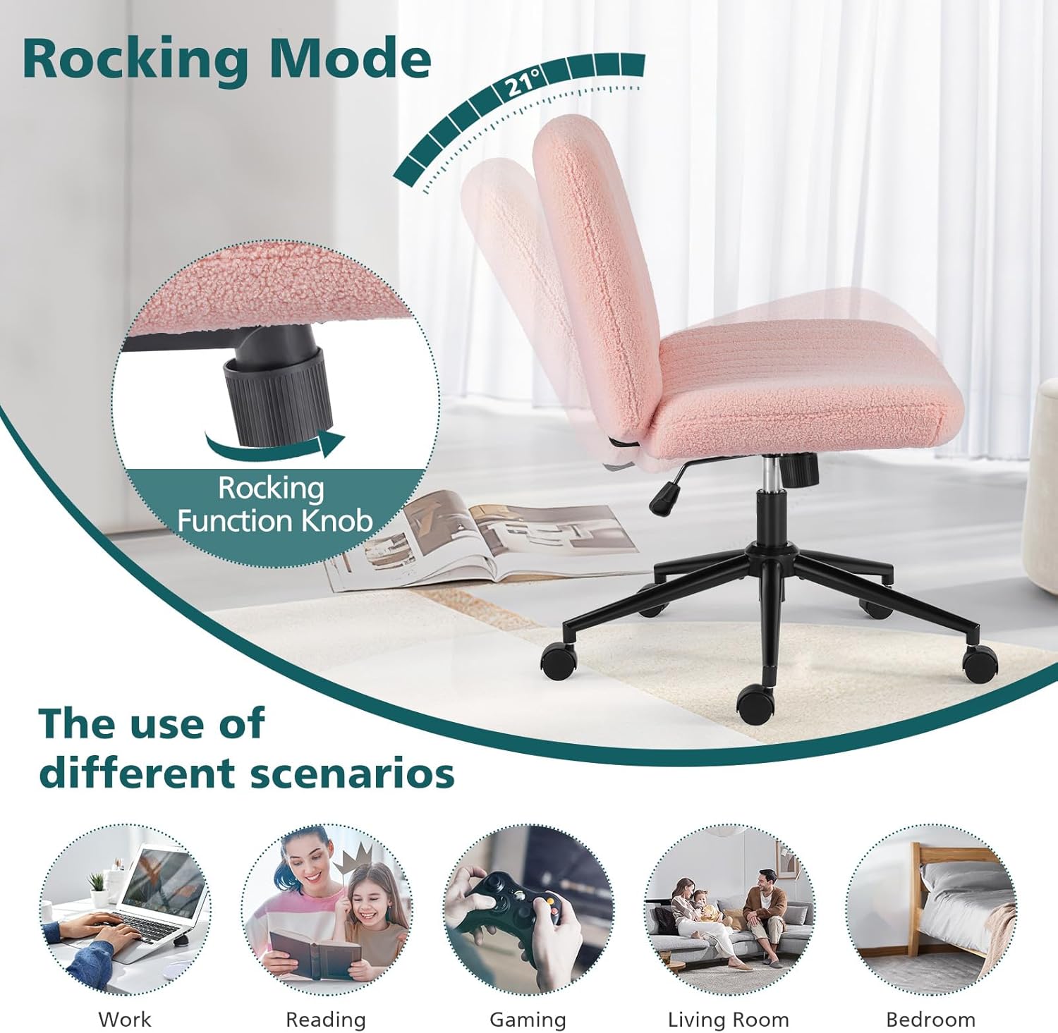 OLIXIS Criss Cross Chair with Wheels Wide Cross Legged Office Desk Vanity Chair Comfy Fabric Armless Adjustable Swivel for Home Computer Task Teddy Pink