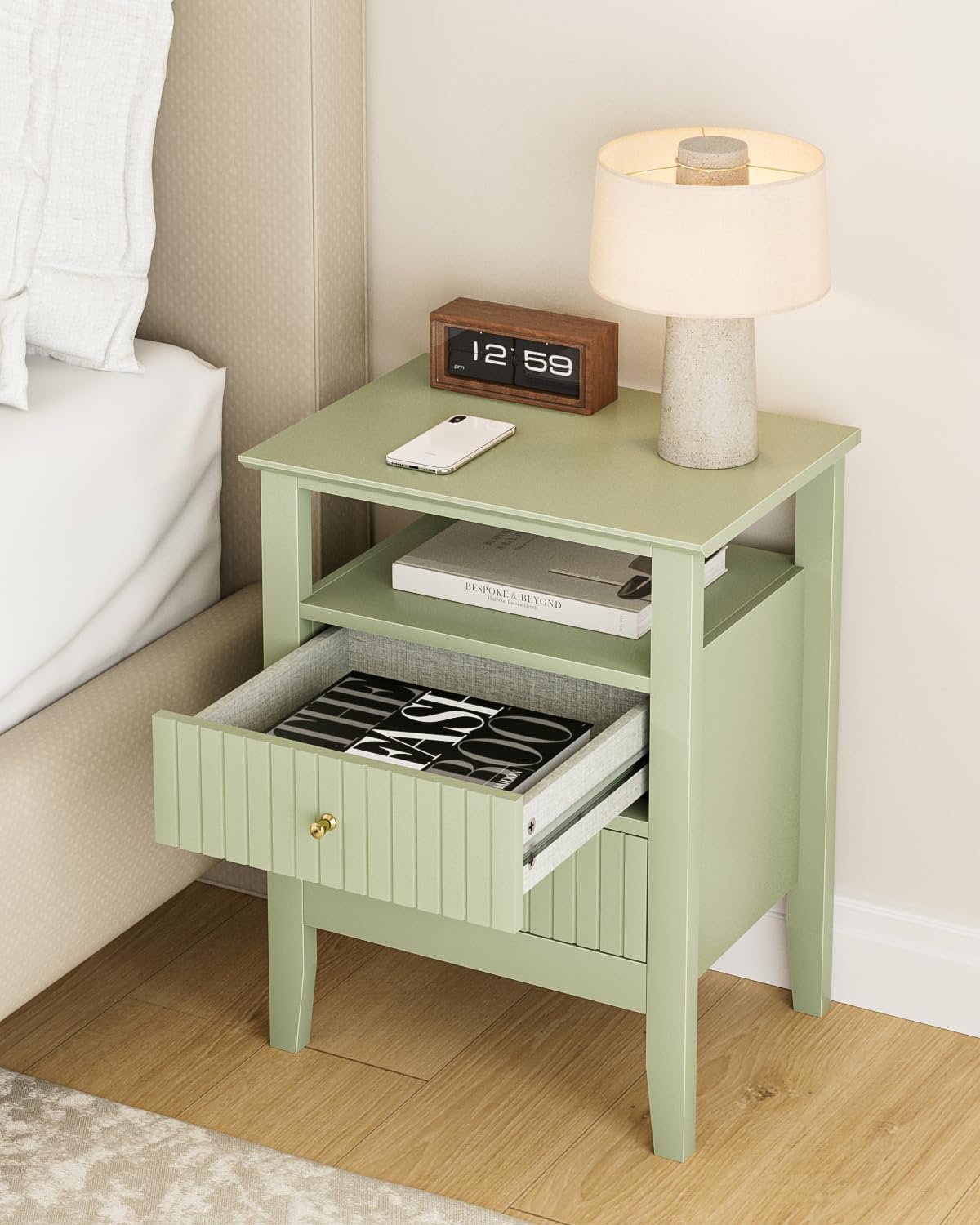 Fluted Nightstand, Farmhouse Night Stand with 2 Drawers, Mid Century Modern Side Accent Table,Bedside End Table for Bedroom, Living Room, Green