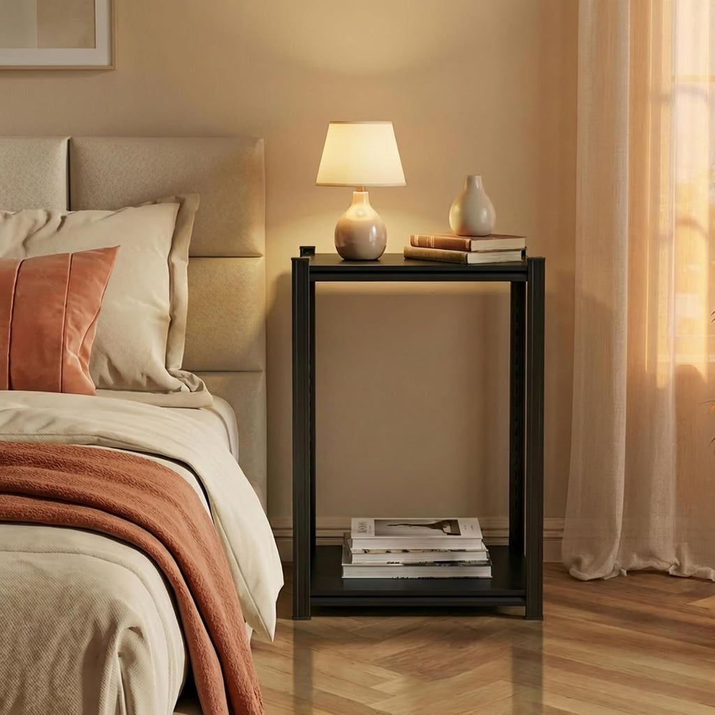 Metal Side Table, Small End Table, Modern Nightstand with 2-Tier Storage Shelves, Industrial Bedside Table for Living Room, Bedroom, Office, Small Spaces, Sturdy Frame, Easy Assembly, Black