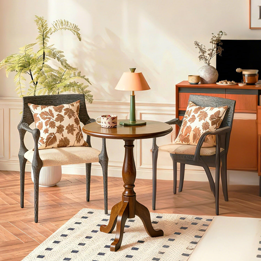 YUNMUARY-Vintage Walnut Solid Wood Pedestal End Table,20 Inches Wide Small Coffee Tables Living Room,Circle Nightstand,Accent Table for Sofa,Bedroom,Corners,and Dining Room.
