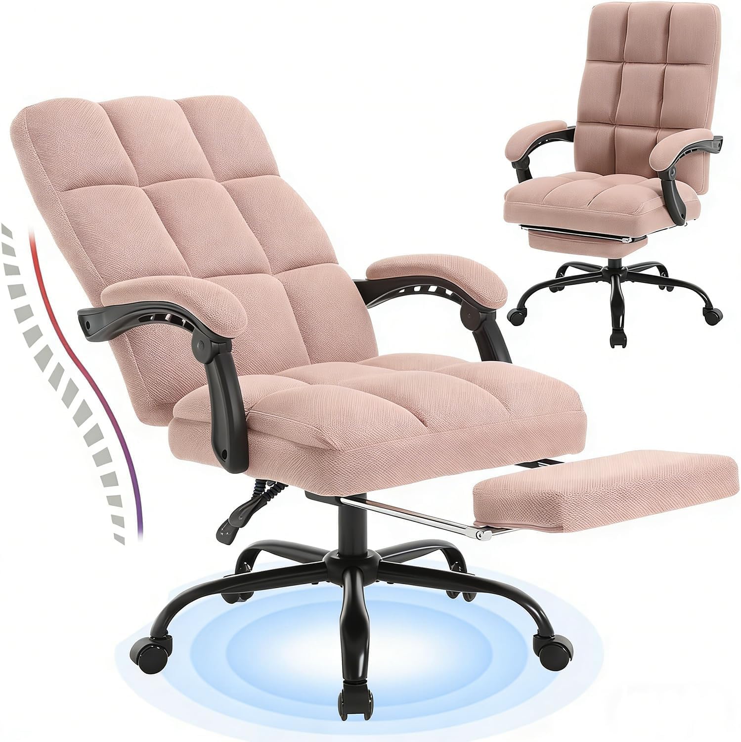 Erogonomic Reclining Office Chair with Footrest, High Back Fabric Cute Comfortable Recliner Office Desk Chair with Leg Foot Rest for Women,Pink