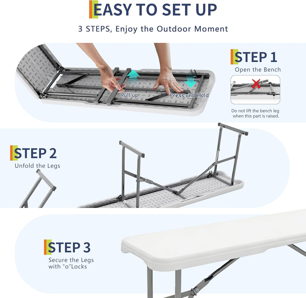 GarveeLife Portable Folding Bench 6 Foot, Plastic Foldable Bench HDPE BenchTop with Carrying Handle for Outdoor Picnic Camping Party Sports Activities - White