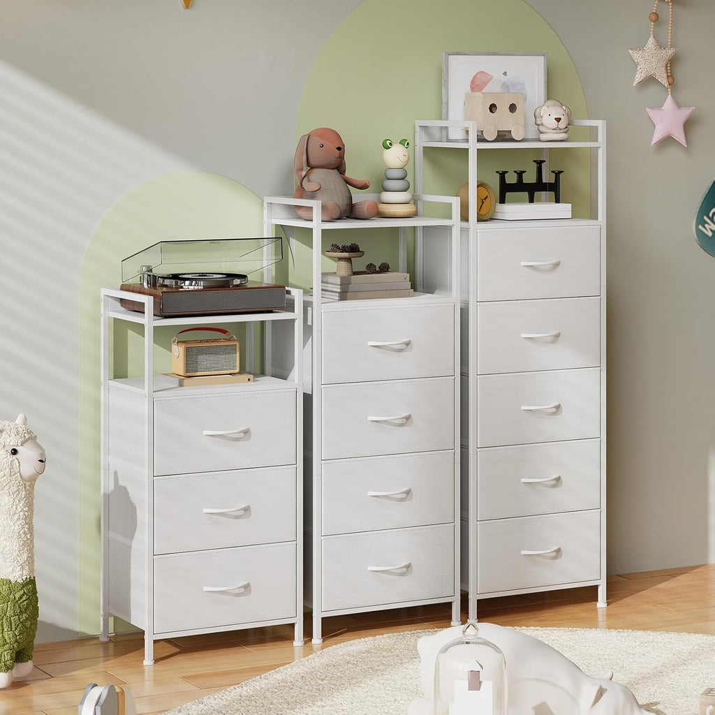Somdot Tall Nightstand with 5 Drawers, Vertical Fabric Dresser for Bedroom | Storage Tower for Bedside, Hallway, Entryway, Kids Room and Closet, White