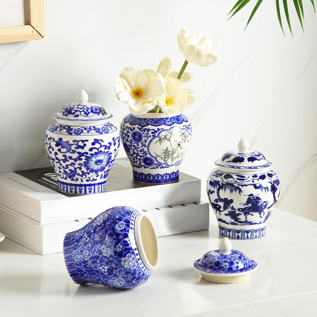 Hushee 4 Pcs Small Blue and White Vases Chinoiserie Vase Ginger Jar Porcelain Ginger Jar Chinoiserie Decor Blue and White Decor for Home Bedroom Table Centerpieces Tabletop Accent Shelf (Retro)