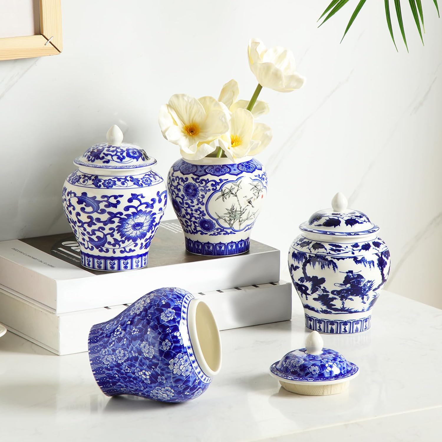 Hushee 4 Pcs Small Blue and White Vases Chinoiserie Vase Ginger Jar Porcelain Ginger Jar Chinoiserie Decor Blue and White Decor for Home Bedroom Table Centerpieces Tabletop Accent Shelf (Retro)
