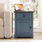 REDAYFUR 24" Tall End Table with Fast Charging Station, Square Side Table with Drawer & Large Storage Cabinet, Vintage Wooden Table for Living Room/Bedroom, Blue