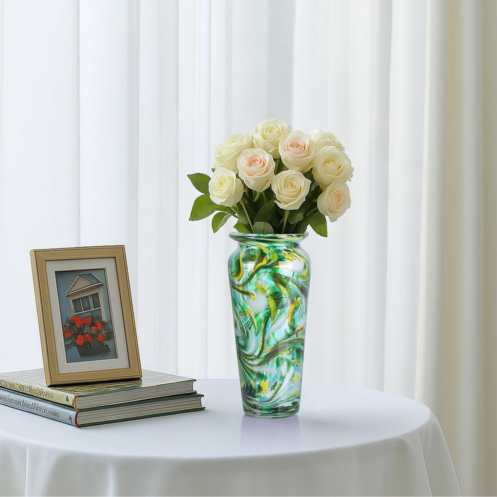 Green Hand Blown Glass Vase – Tall Speckled Decorative Centerpiece in Murano Style for Dining Table, Coffee Table, Mantel, Entryway, or Bookshelf in Coastal or Modern Decor (Green)