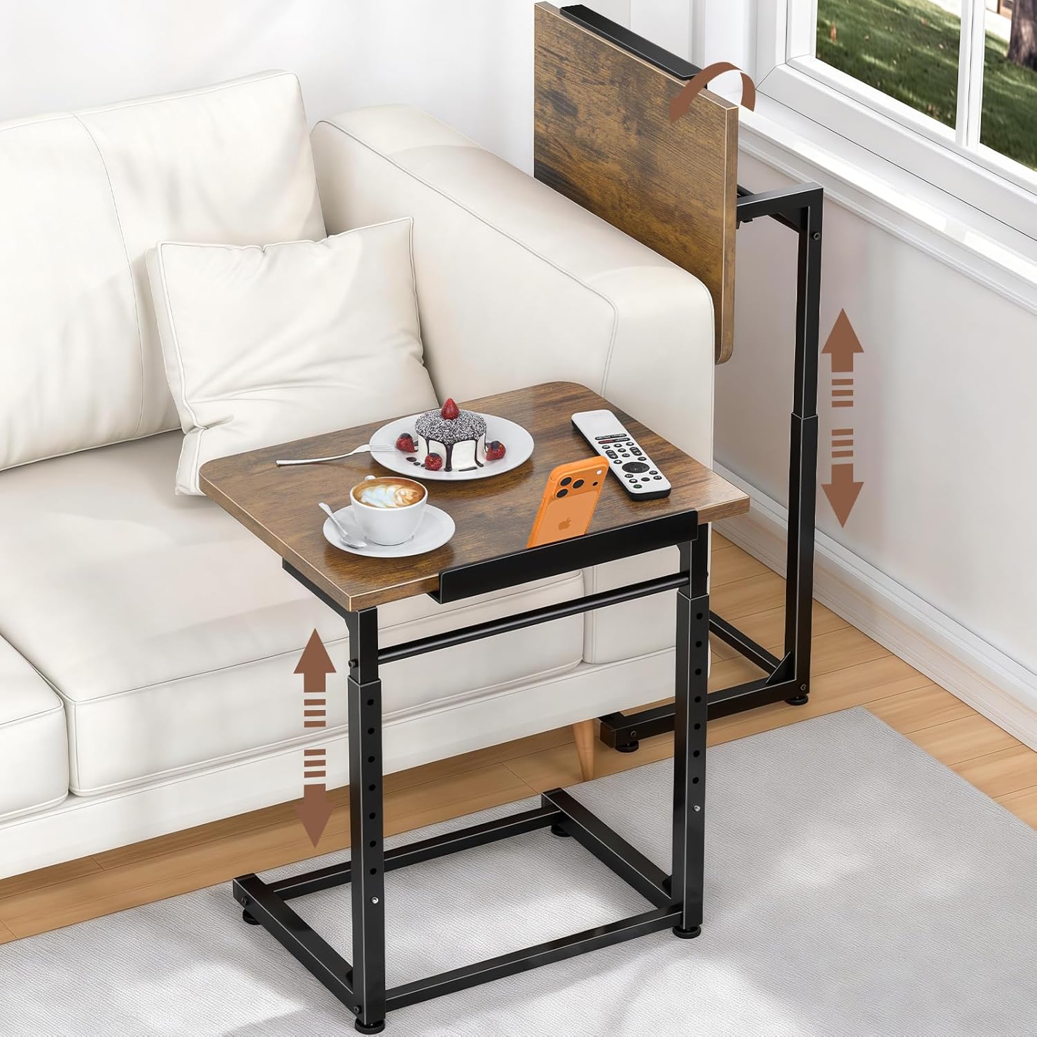 IHAITUN Tv Tray Table, Adjustable Height Couch Narrow Side Table,90° Tilt Angle Foldable End Table, Laptop Table with Phone & Tablet Slot Dinner Tray Desk for Living Room Table Sets (Brown)