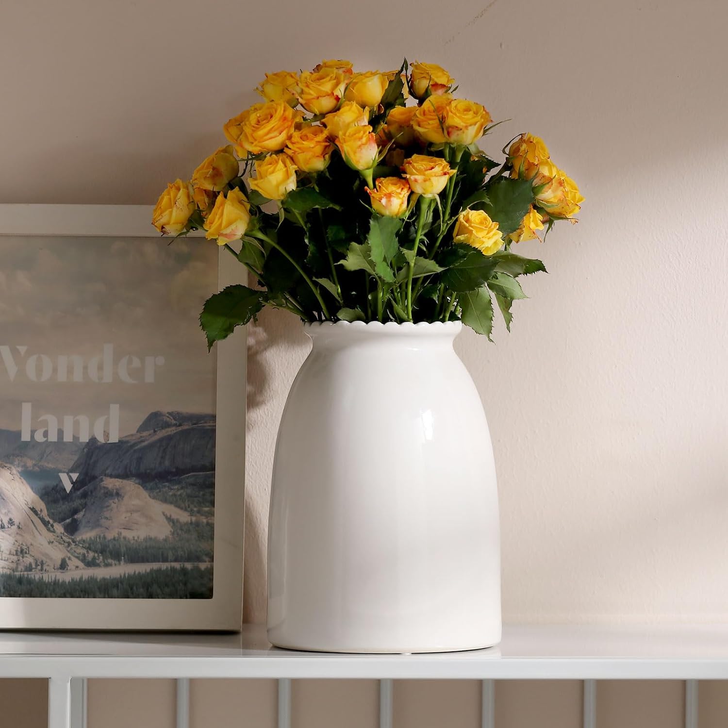 White Ceramic Vase Modern Minimalist Table Centerpiece, Round Smooth Flower Holder for Living Room, Shelf, Mantel, Wedding & Home Decor-8.27" H