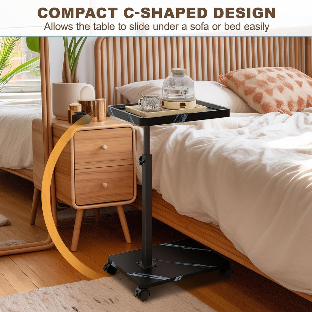 Adjustable C Shaped Side Table, C Table End Table with Wheels for Sofa, 360° Swivel Sofa Table for Livingroom,Bedroom,Study and Small Spaces (Marble Black White)