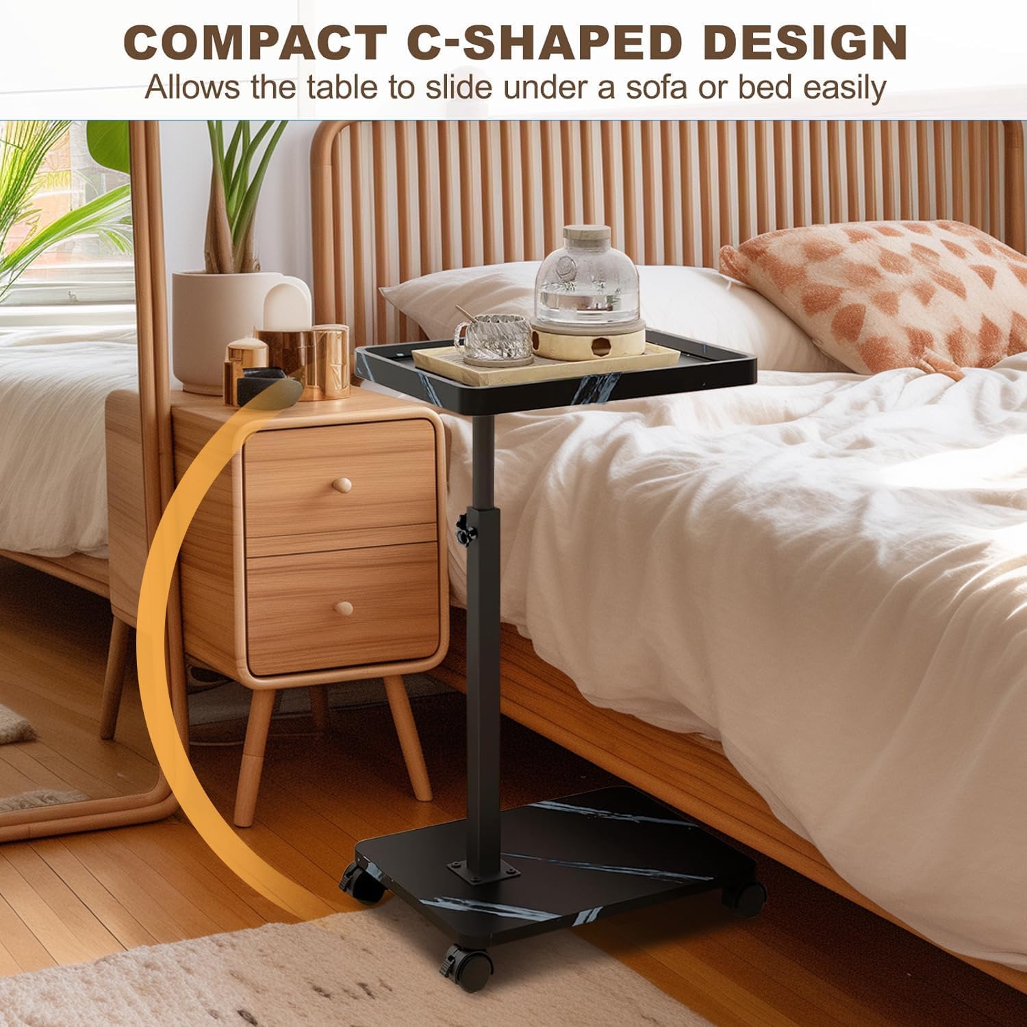 Adjustable C Shaped Side Table, C Table End Table with Wheels for Sofa, 360° Swivel Sofa Table for Livingroom,Bedroom,Study and Small Spaces (Marble Black White)
