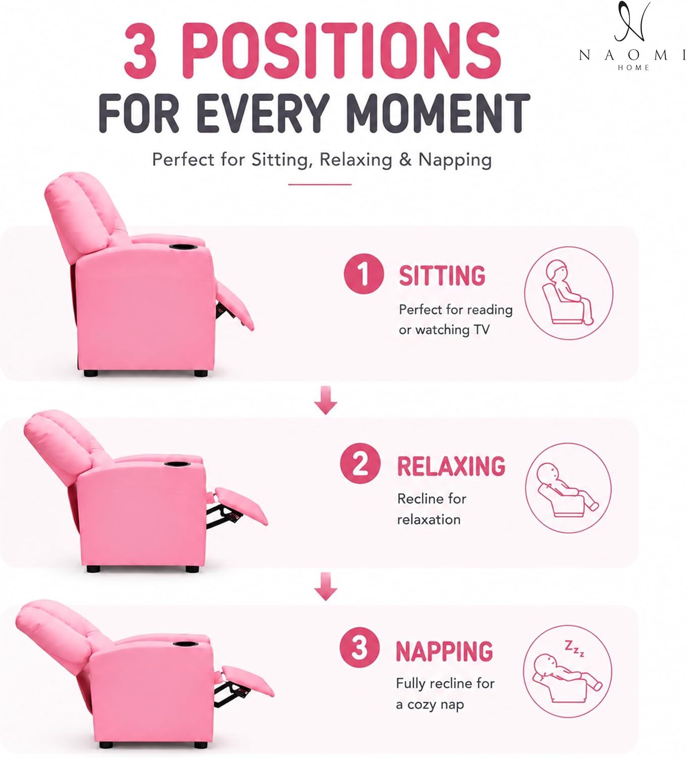 Naomi Home Suri Kids Recliner Chair: 150 Lbs Capacity & Solid Hardwood Frame for Ultimate Durability. Built to Grow Toddler & Children Sofa with Cup Holder, Footrest & 3 Recline Positions - Pink