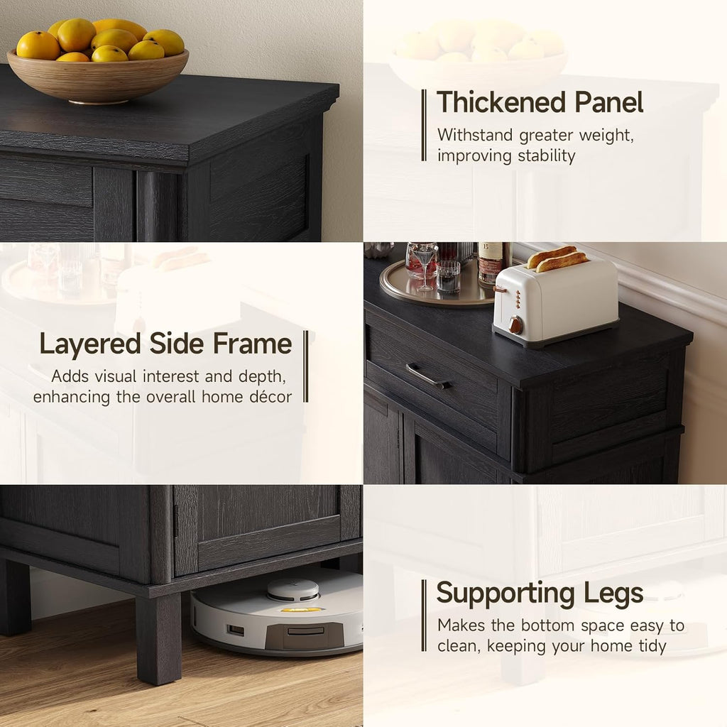 48 Inch Sideboard Buffet Cabinet with Storage, Farmhouse Coffee Bar Cabinet with 2 Drawers, Adjustable Shelves, Wood Sideboard Credenza for Kitchen, Living Room, Entryway, Black