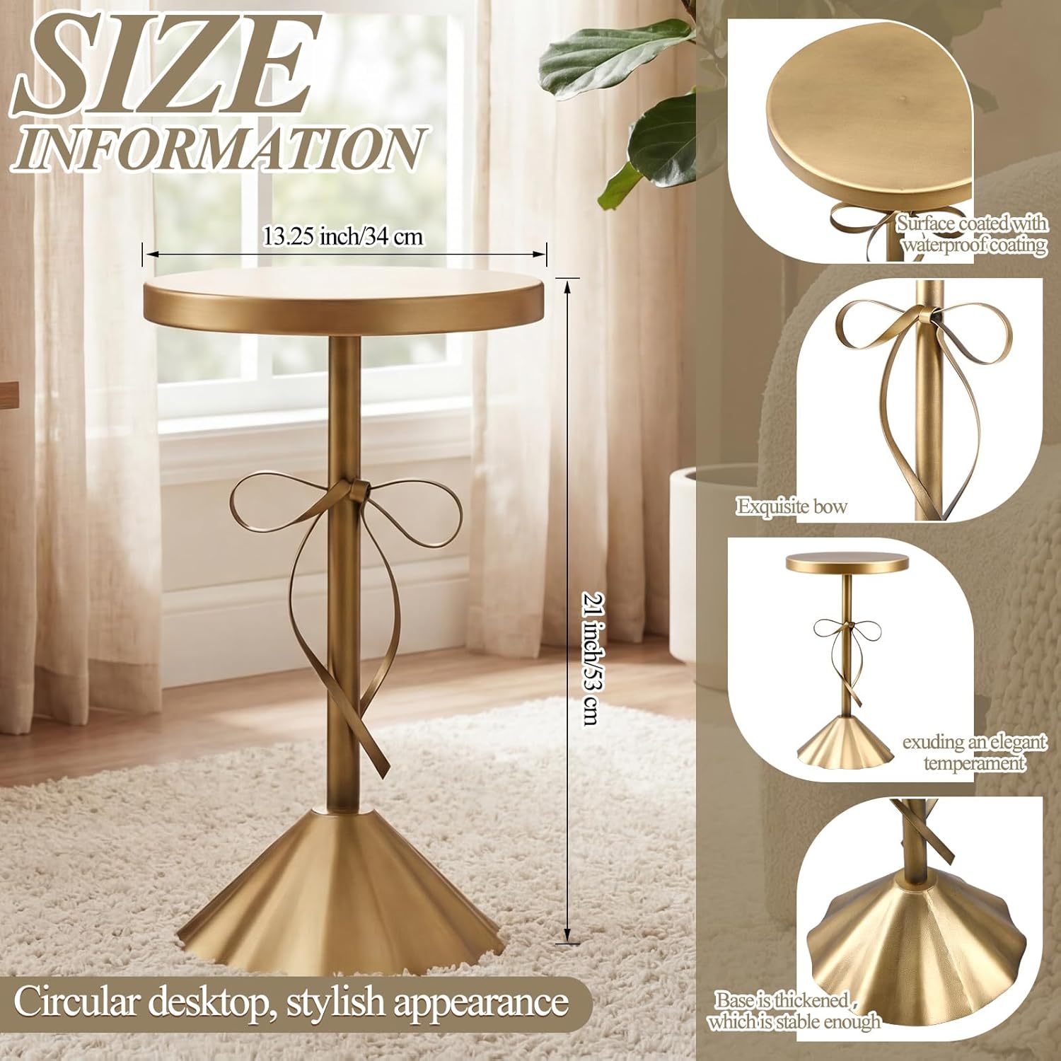 DoubleFill Gold Metal Martini Drink Table 13.25''x21'' Bow Pedestal Side Table Round Martini End Desk Small Cocktail Drink Stand for Small Spaces Nightstand Bedroom Couch Chair Vintage Decor