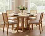 HNY Modern Farmhouse Rattan Dining Chairs Set of 4 Beige Chenille Upholstered Dining Room Chair with Cane Back Mid Century Natural Wood Kitchen Chairs, Boho Accent Wicker Woven Chairs for Living Room