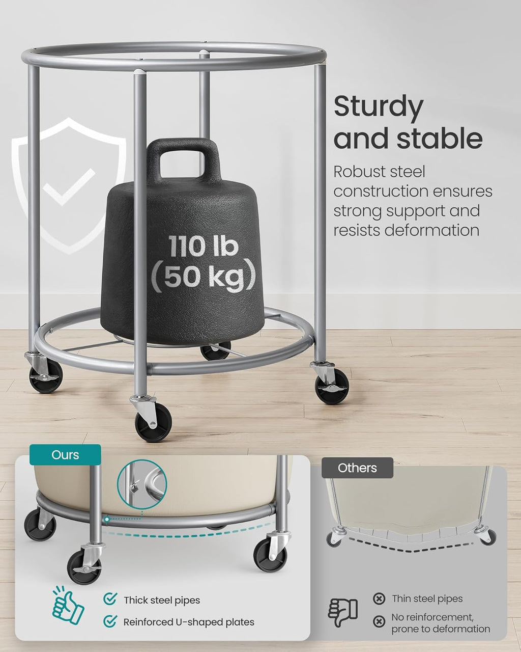 SONGMICS 50.2-Gallon (190 L) Laundry Basket with Wheels, Rolling Round Heavy-Duty Laundry Hamper Cart with Steel Frame and Removable Bag, 2 Locking, White and Metallic Silver, URLS01MZ