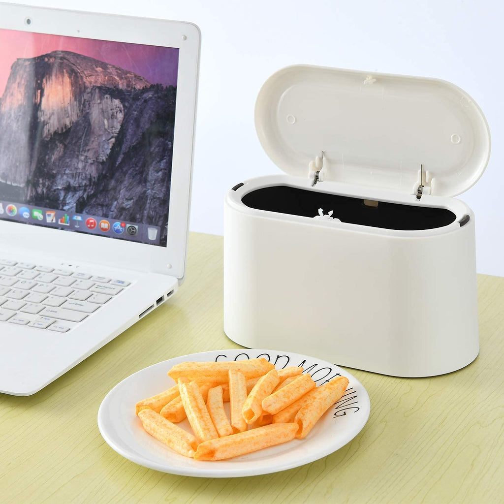 SUBEKYU Mini Trash Can with Lid,Small Desk Trash Can,Countertop Mini Garbage Cans,Tiny Waste Basket,White,with 3 roll Bags