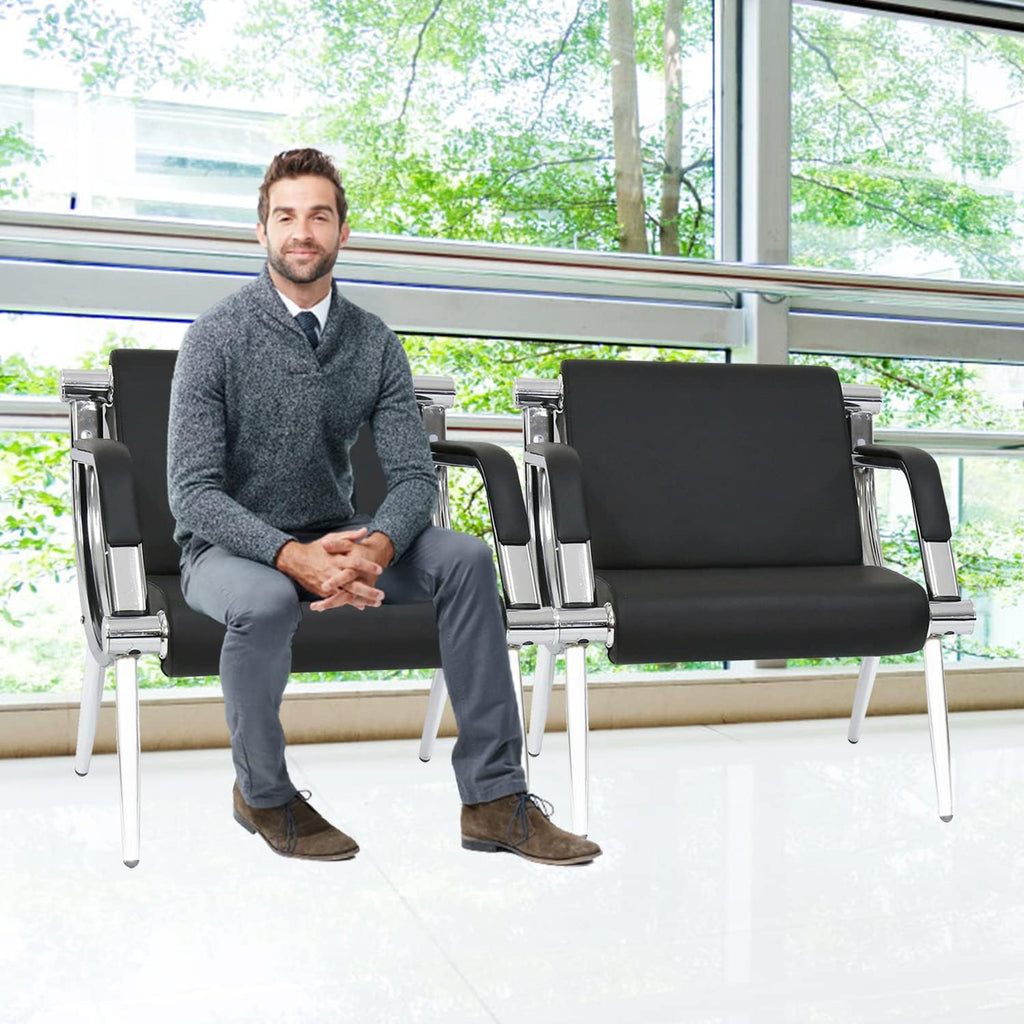 kinbor 2 PCS Waiting Room Guest Chairs, PU Leather Office Reception Chair, Lobby Furniture Reception Sofa Seat with Arms for Airport Salon Clinic, Black