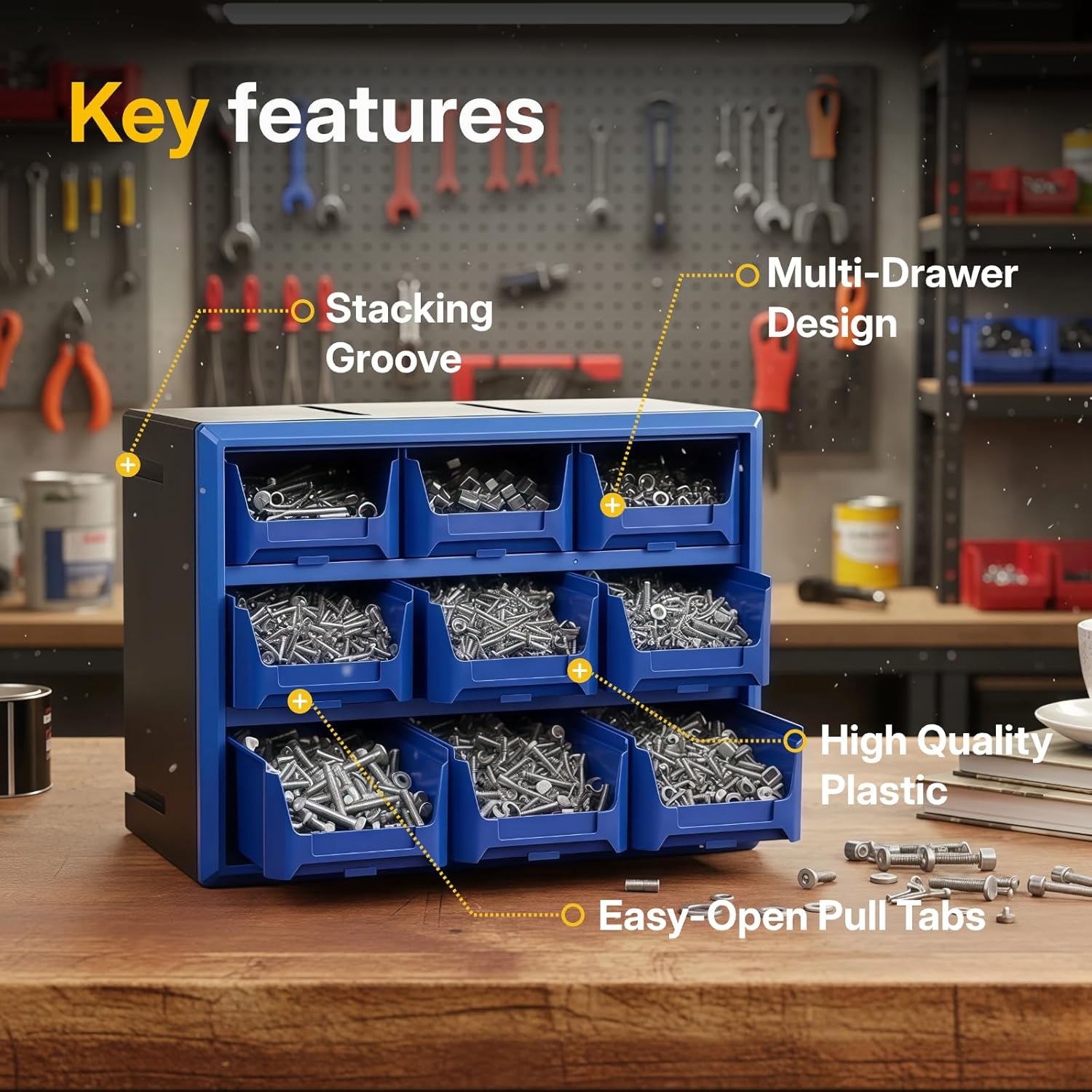 Northsky 9-Drawer Plastic Storage Drawers, Small Parts Organizer, Stackable Teacher Toolbox for Hardware, Screws, Nuts & Bolts, Stickers, Beads, Building Bricks, Garage Storage，14.17 × 7.09 × 9.45