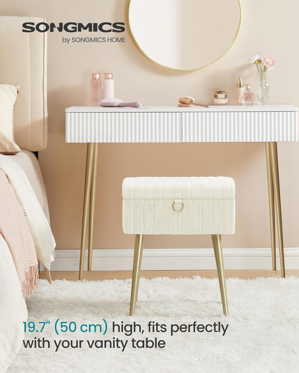 SONGMICS Vanity Stool Chair Faux Fur with Storage, Vanity Bench, Metal Legs, Adjustable Feet, for Living Room, Bedroom, Makeup Room, Cream White ULOM505WZ02