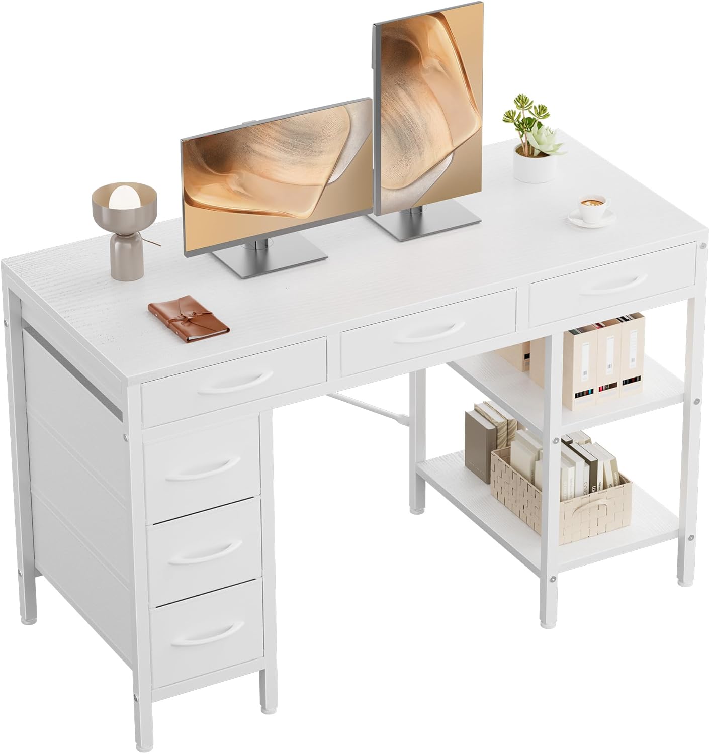 OLIXIS Computer Desk with 6 Drawers, 47 inch Office Desk with Storage Shelves, Reversible Gaming Desk, Corner Desk with Storage Drawers, Work for Home Office, Study, Living Room, White