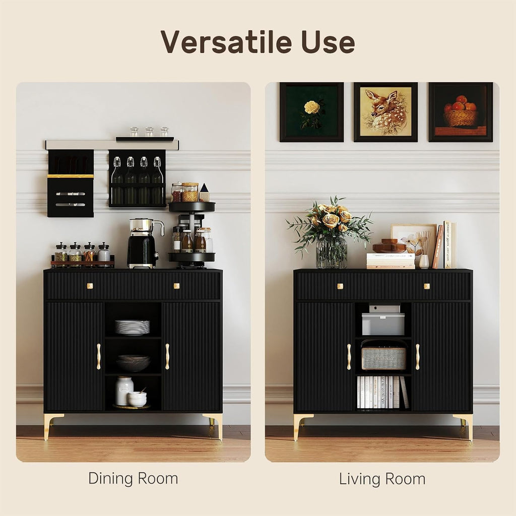 Black Sideboard Buffet Cabinet with Adjustable Shelves, Modern Storage Cabinet with Drawers and Doors, Sleek Buffet for Dining Room, Living Room, Entryway, 39.4 Inch