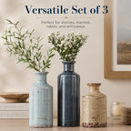 Blue and Beige Ceramic Vase Set of 3 – Rustic Distressed Glaze Pottery Vases, Small Vintage Flower Vases for Home Decor, Farmhouse, Modern Rustic, Shelf, Mantle, Table Centerpiece Decorations